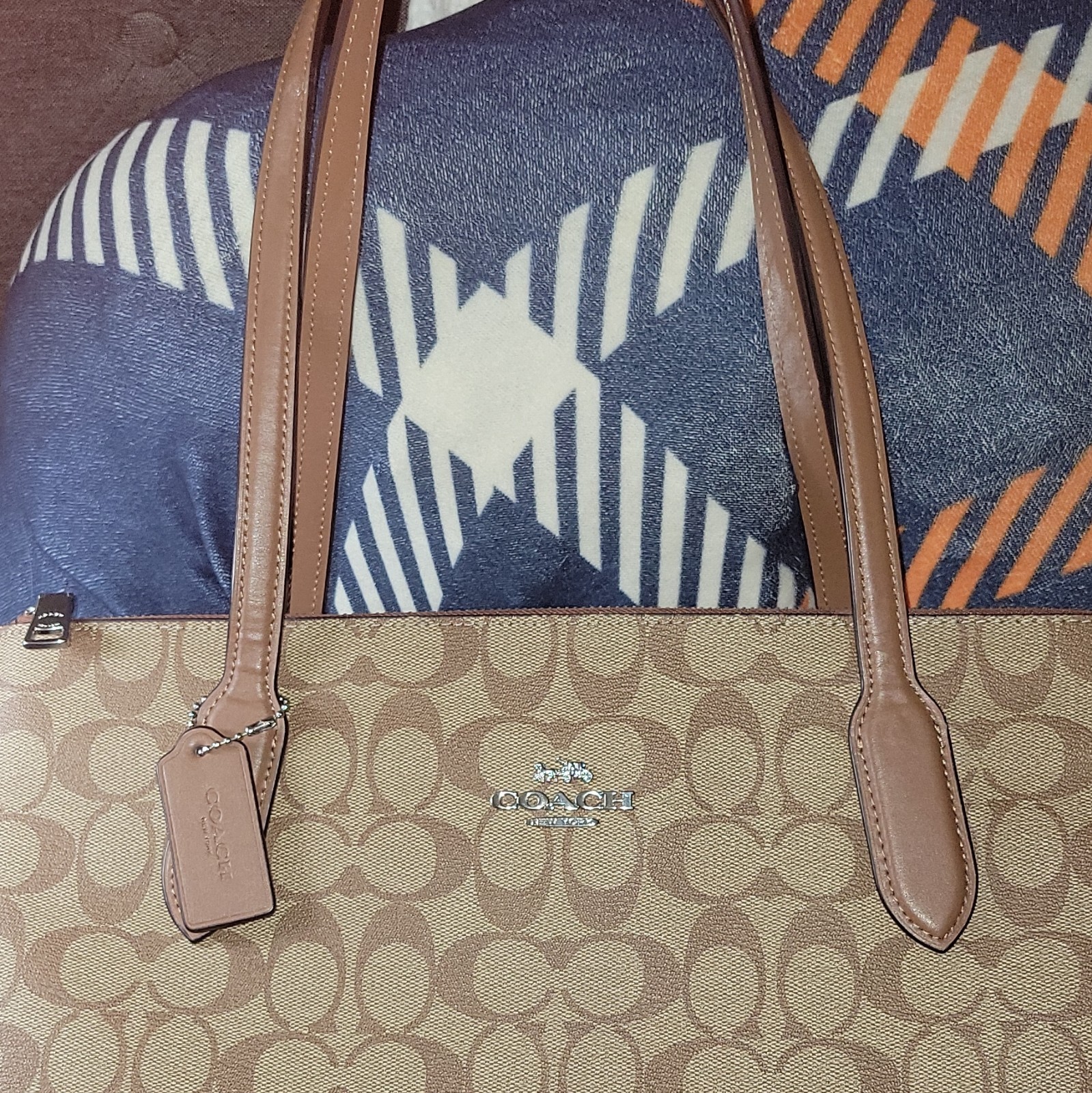 Coach Signature Logo Tote Zip Top Brown/Beige w/ Charm Silver Hardware