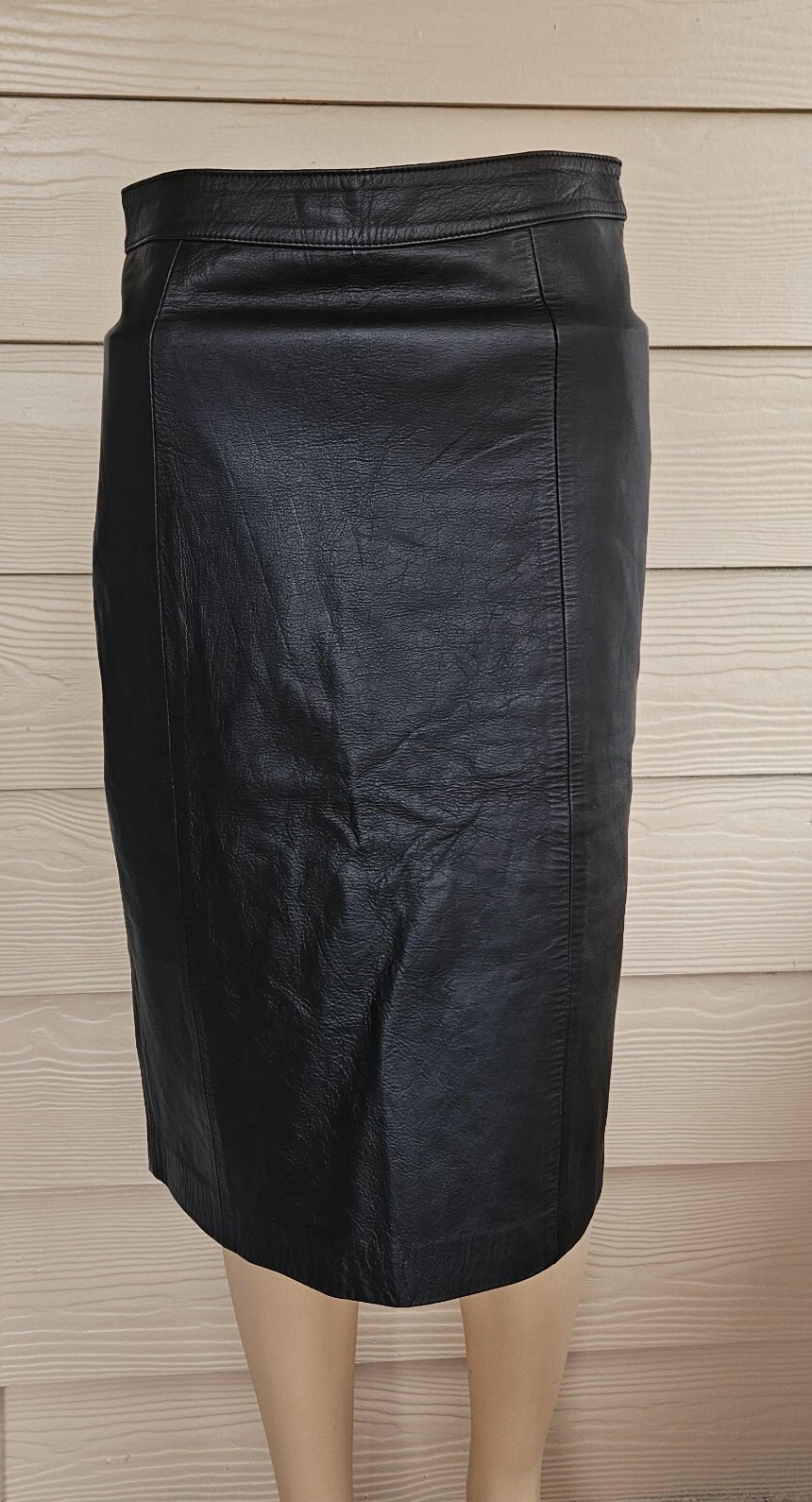 Vtg Genuine Leather Pencil Midi Black Skirt Snap Button Closure&Zipper Mob Wife