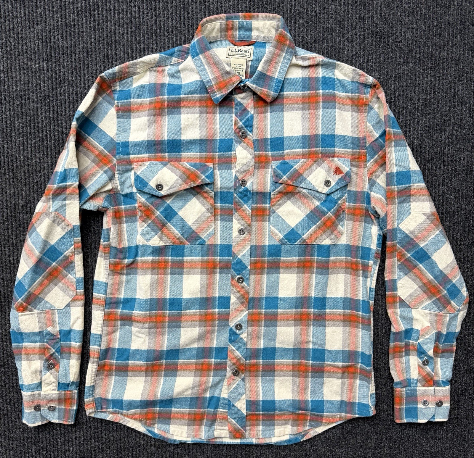 LL Bean Flannel Blue Orange Plaid Elbow Pads Organic Cotton 504187 Mens Small