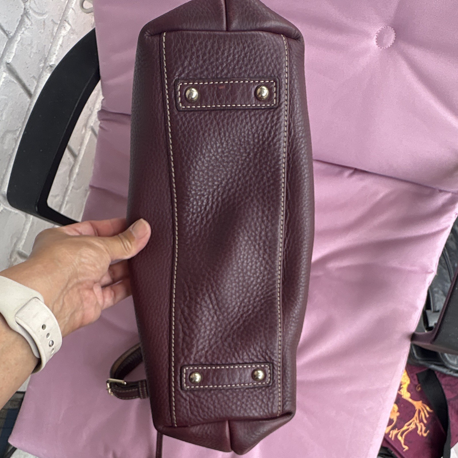 Dooney & Bourke Burgundy Pebbled Zip Shoulder Bag Gold Hardware Brown Strap