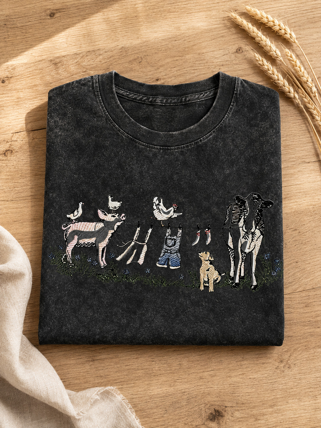 Farm Animals Clothesline Black Washed T-Shirt Rustic Country Graphic Tee