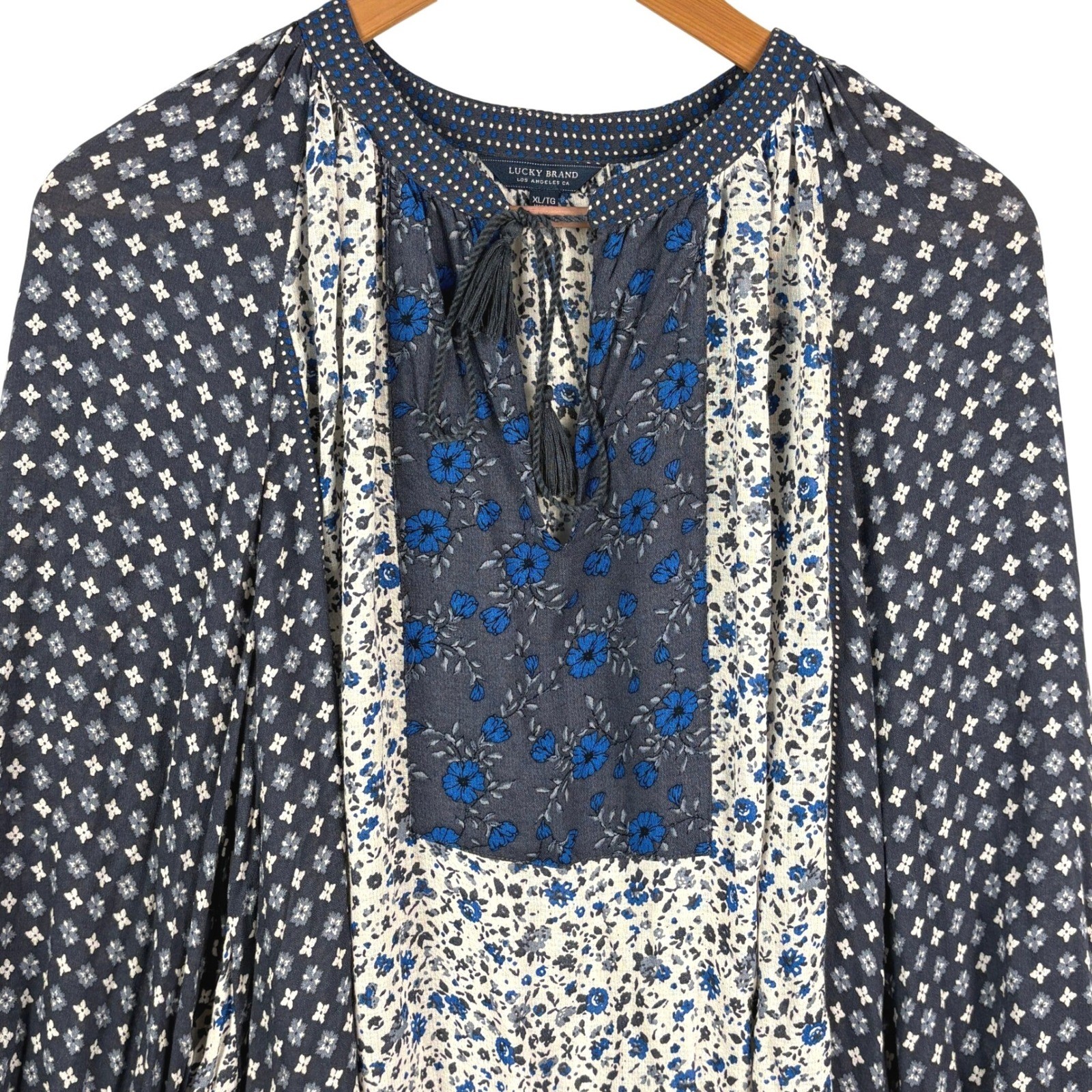 Lucky Brand Women Floral Patchwork Long Sleeve Peasant Blouse XL Hippie Boho 70s