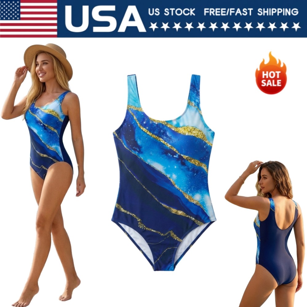 Women Blue Marble Gold Stripe One Piece Swimsuit Sleeveless U Neck Bathing Suit