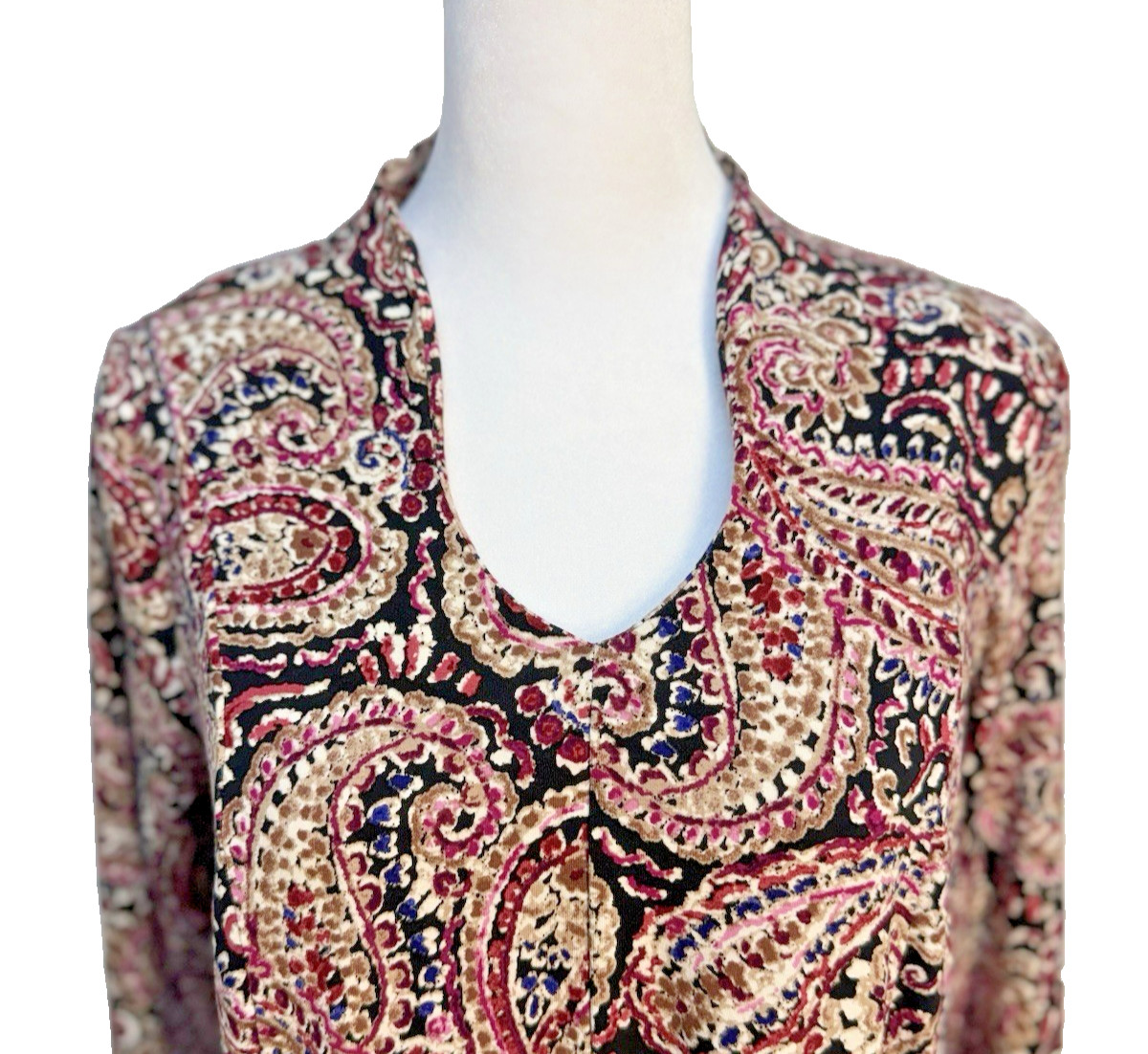 J. Jill Wearever Paisley Top S Black Burgundy Pink V-Neck 3/4 Sleeve Stretch