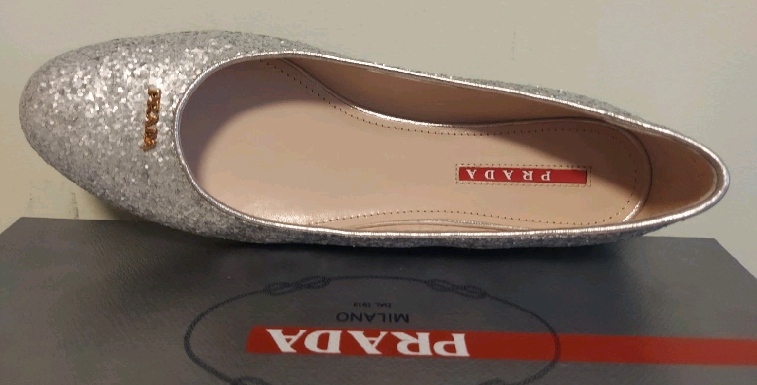 PRADA Sport ICONIC Silver Glitter Matt GOLD LOGO CLASSIC FLATS 36.5 I LOVE SHOES