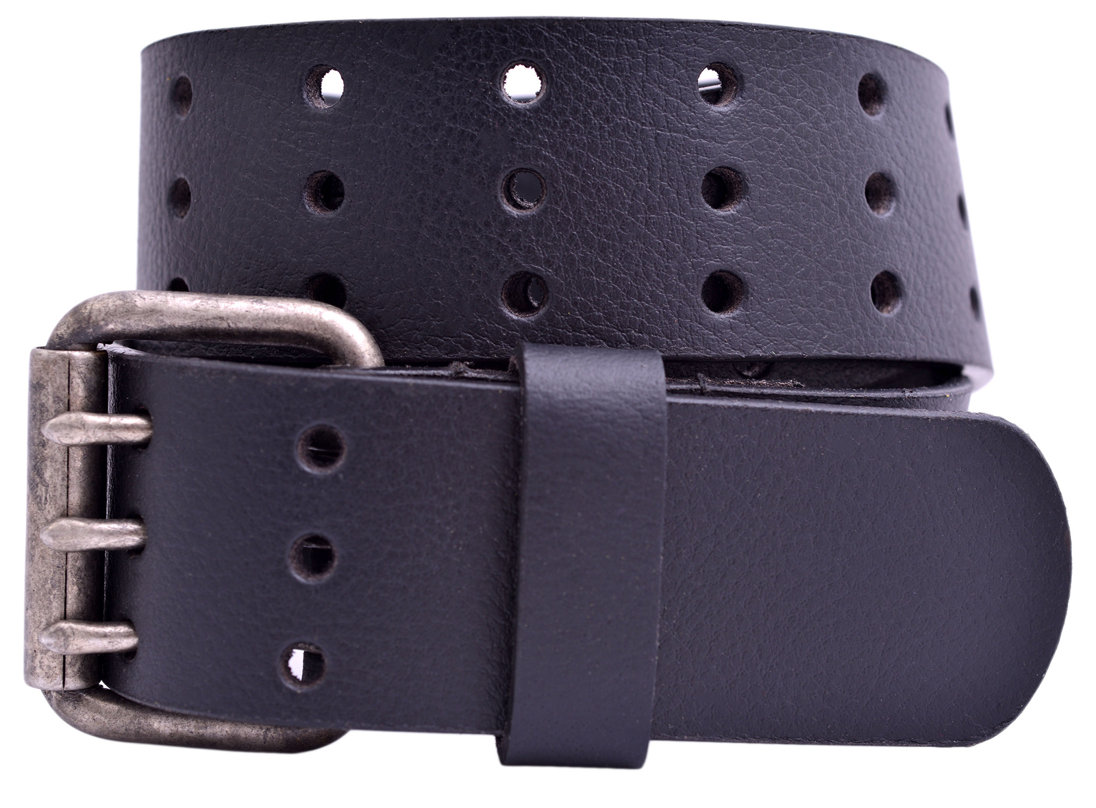 Full Grain Milled Buffalo Leather 3-Hole Triple Prong Buckle Jeans Belt – Black