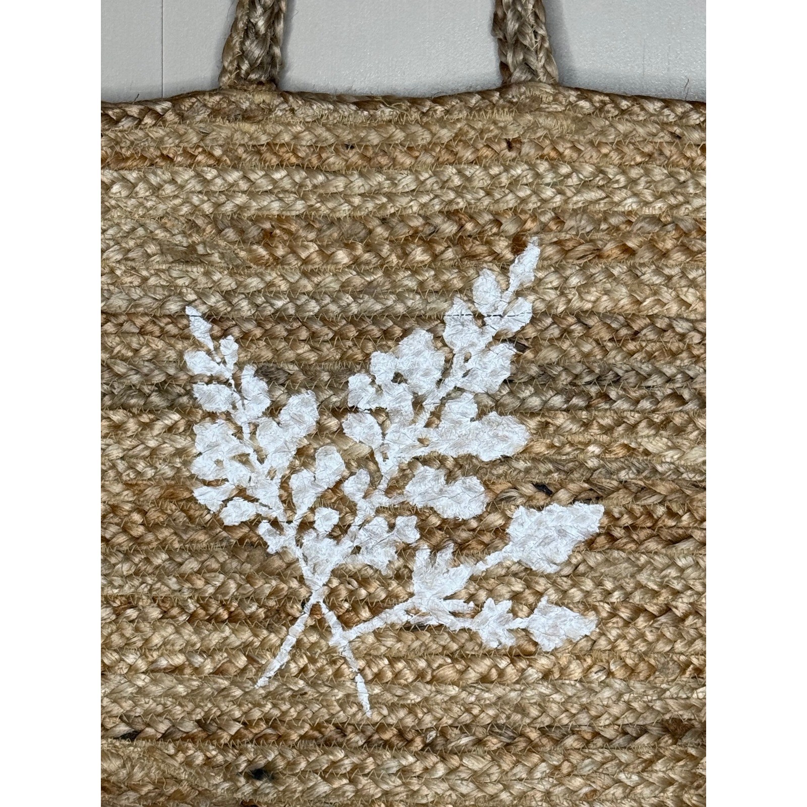 BLarge Woven Jute Tote Bag Botanical Print Boho Coastal Market Bag