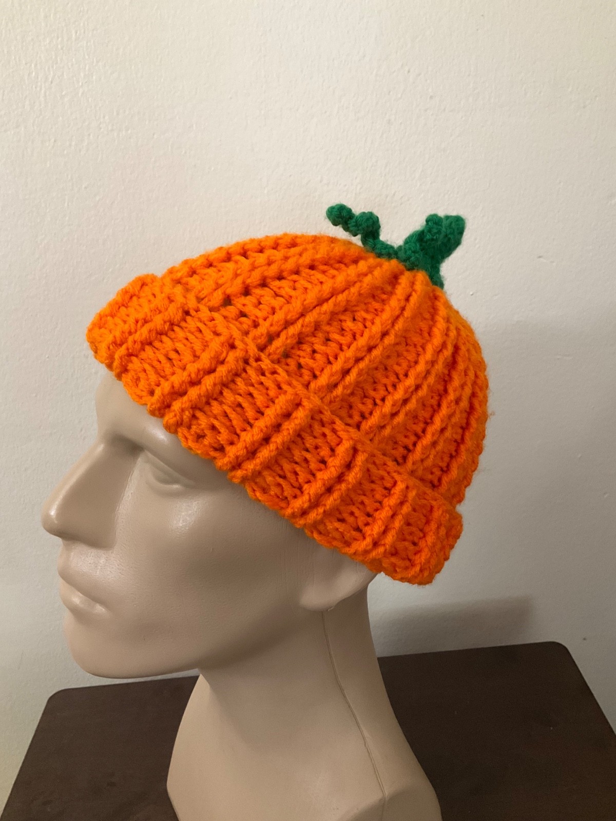 Adult Crochet Pumpkin Beanie Handmade Orange Green Stem Fall Knit Yarn Hat