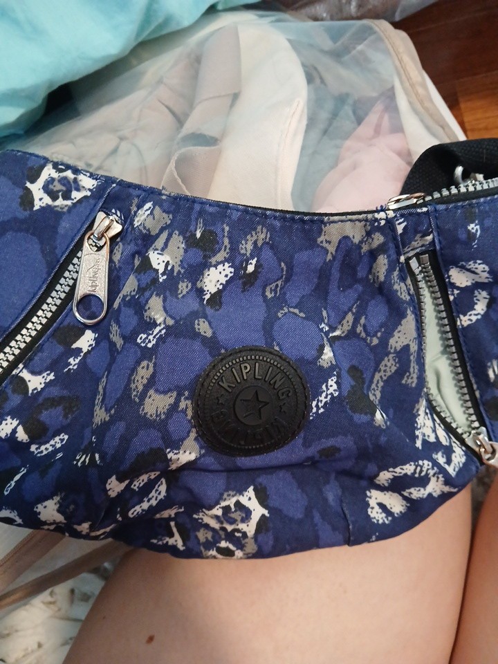 Kipling Blue Black Pattern Shoulder Crescent Bag With Monkey Keychain