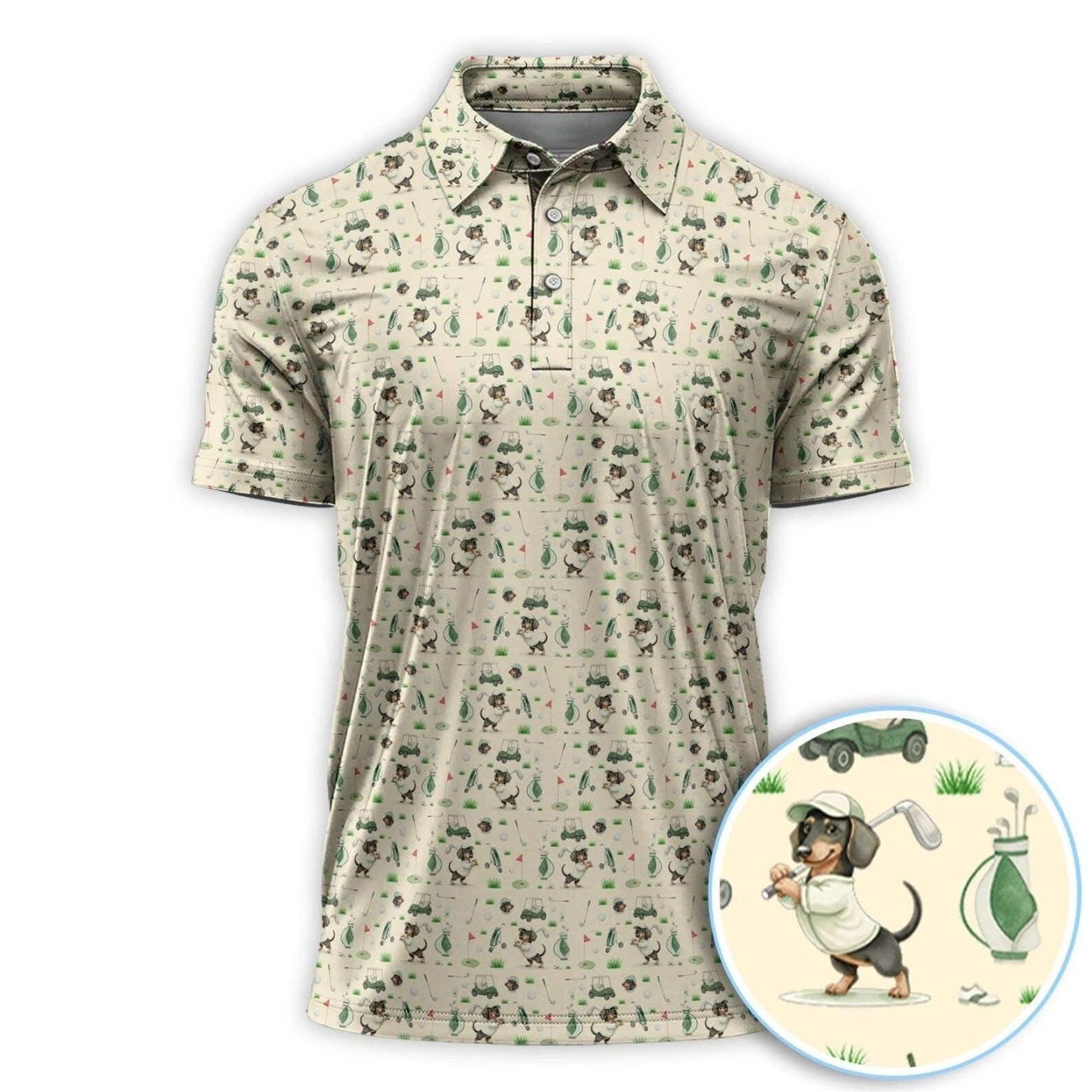 Dachshund Golf Pattern Polo Shirt, Funny Wiener Dog Golf All Over Print Shirt
