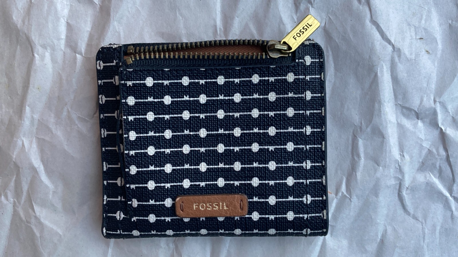 Fossil Logan Black/White Dots Leather Bifold Women’s Wallet Coin Zip RFID
