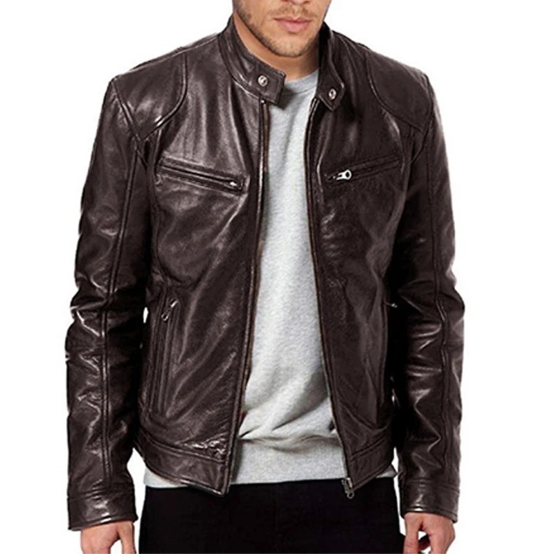 Cafe Racer Biker Leather Jacket Black & Brown Soft Sheep Skin Leather