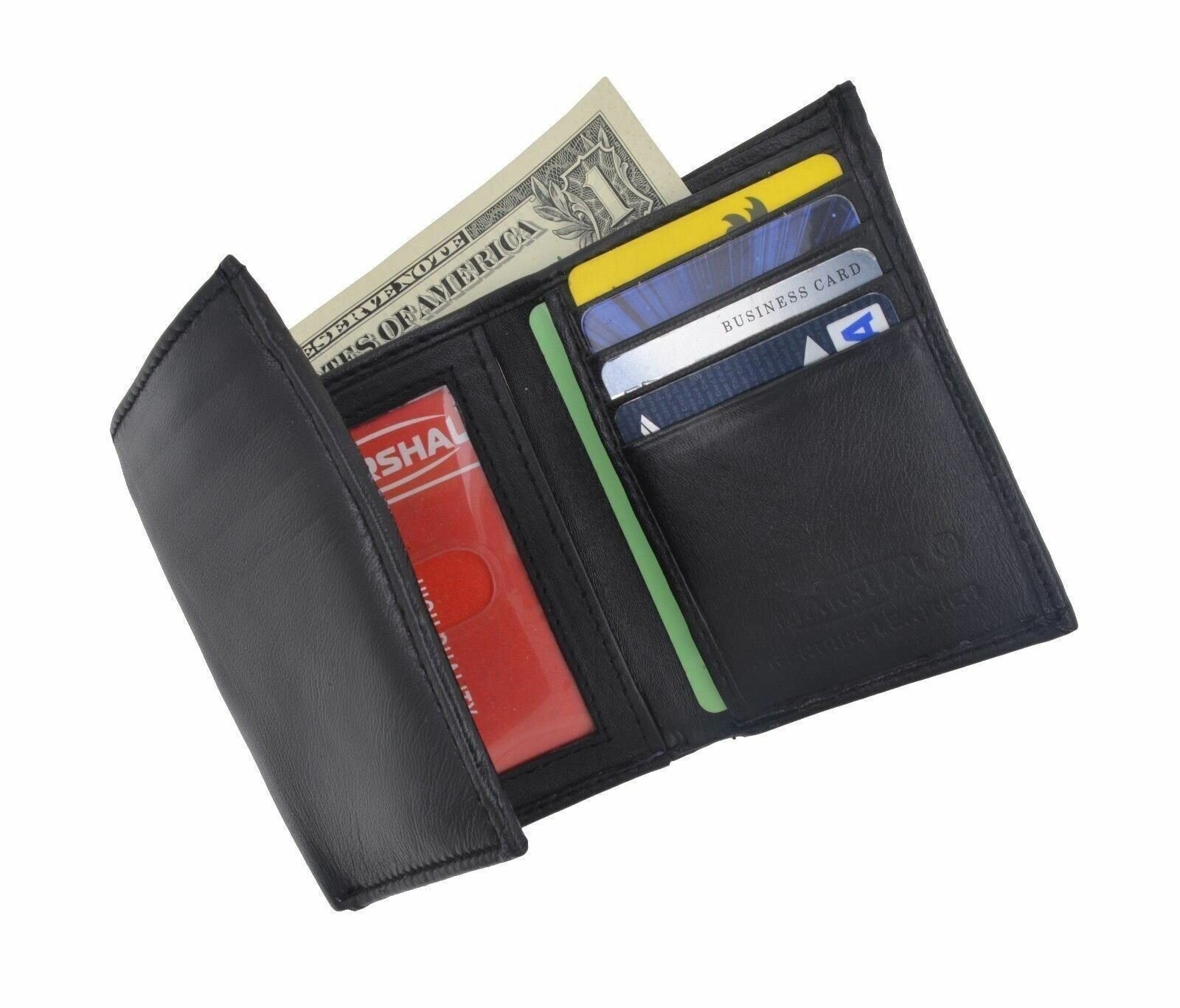Men’s Genuine Leather Trifold Wallet Black 8 Credit Card slots ID window