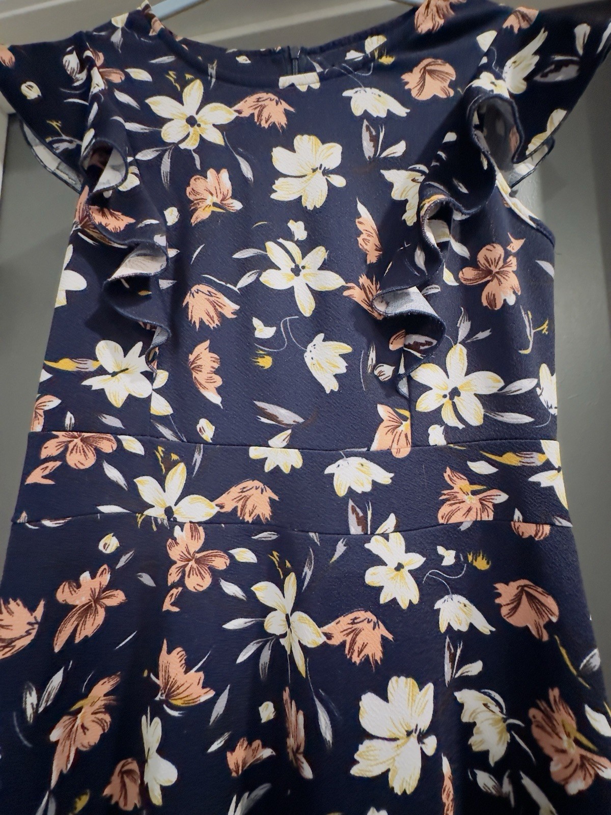 Yathon Navy Floral Ruffle Flutter Sleeve A-Line Knee Length Round Neck Dress