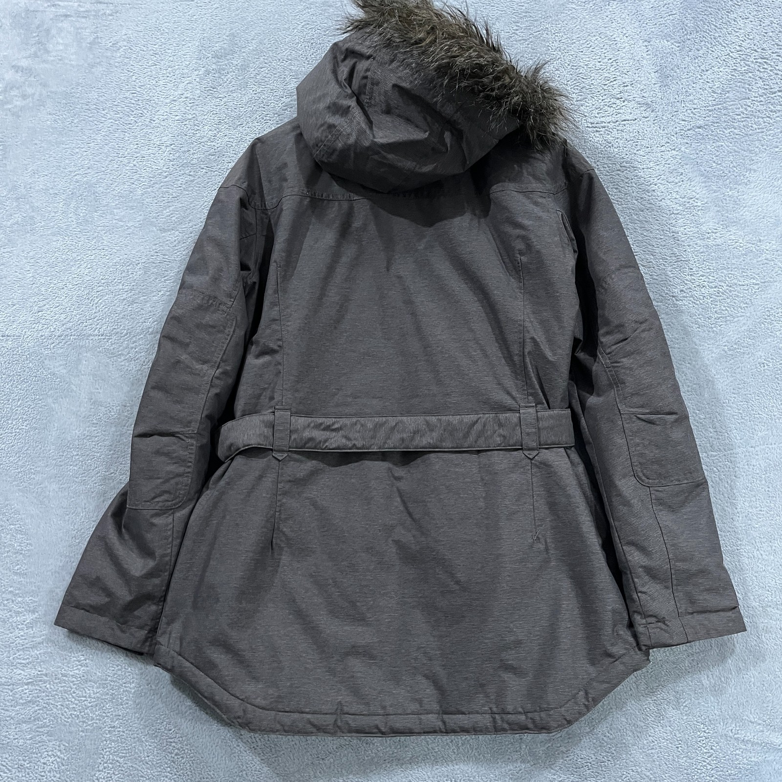 Columbia Carson Pass II Parka Jacket Womens Large Gray Faux Fur Removable Belt