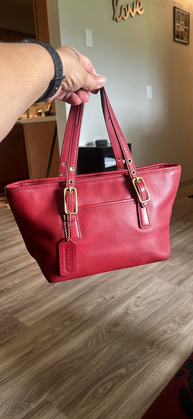 Coach Women’s Red Zip Tote Bag Double Handles Gold Hardware Hang Tag Buckle