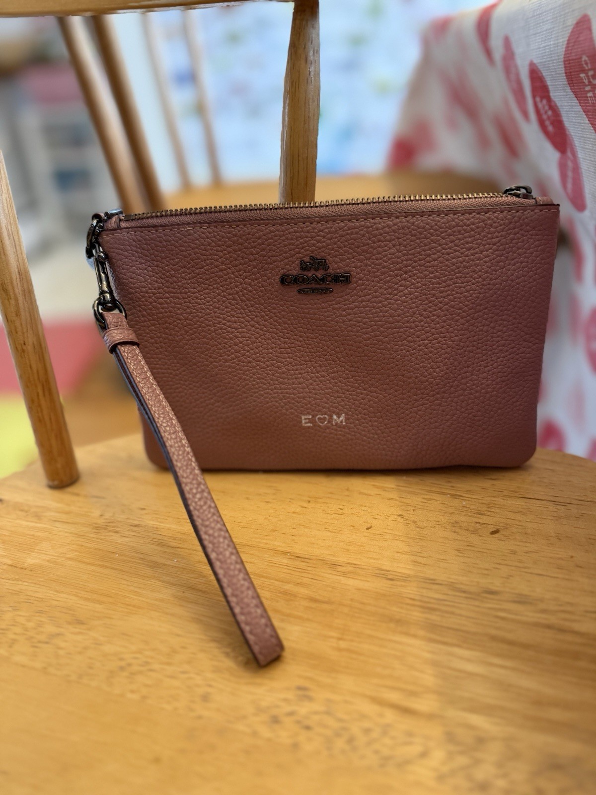 Coach Mauve Pebbled Wristlet with Hot Stamped Custom Initials, Logo, Zip Closure