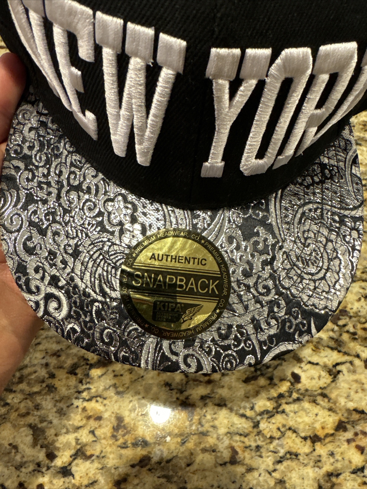 New York Spell Out Hat Premium Headwear KIPA Snapback Black Silver Brim