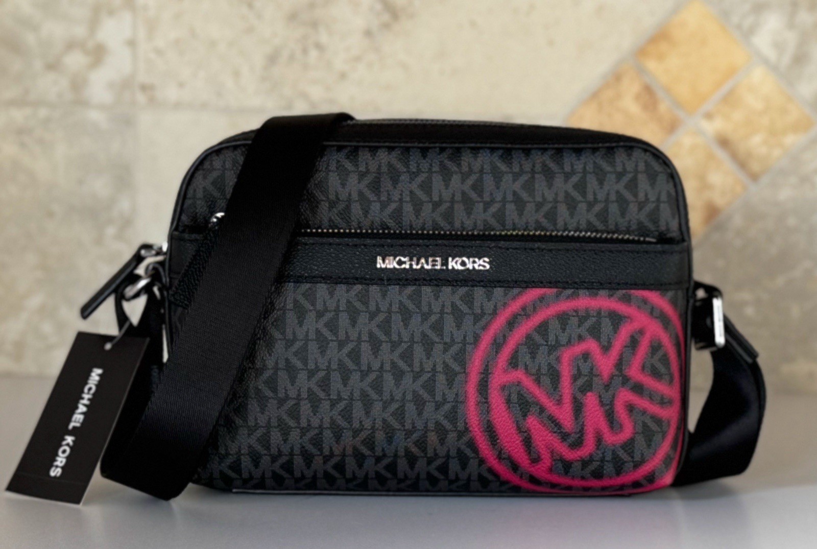 Michael Kors Cooper Utility Crossbody Flight Bag MK Black/Dark Raspberry