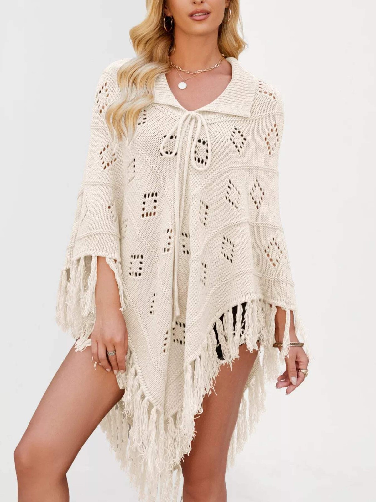 Women’s Fringe Tassel Tie Openwork Knit Boho Beach Cover Up Multi Colors S-XL