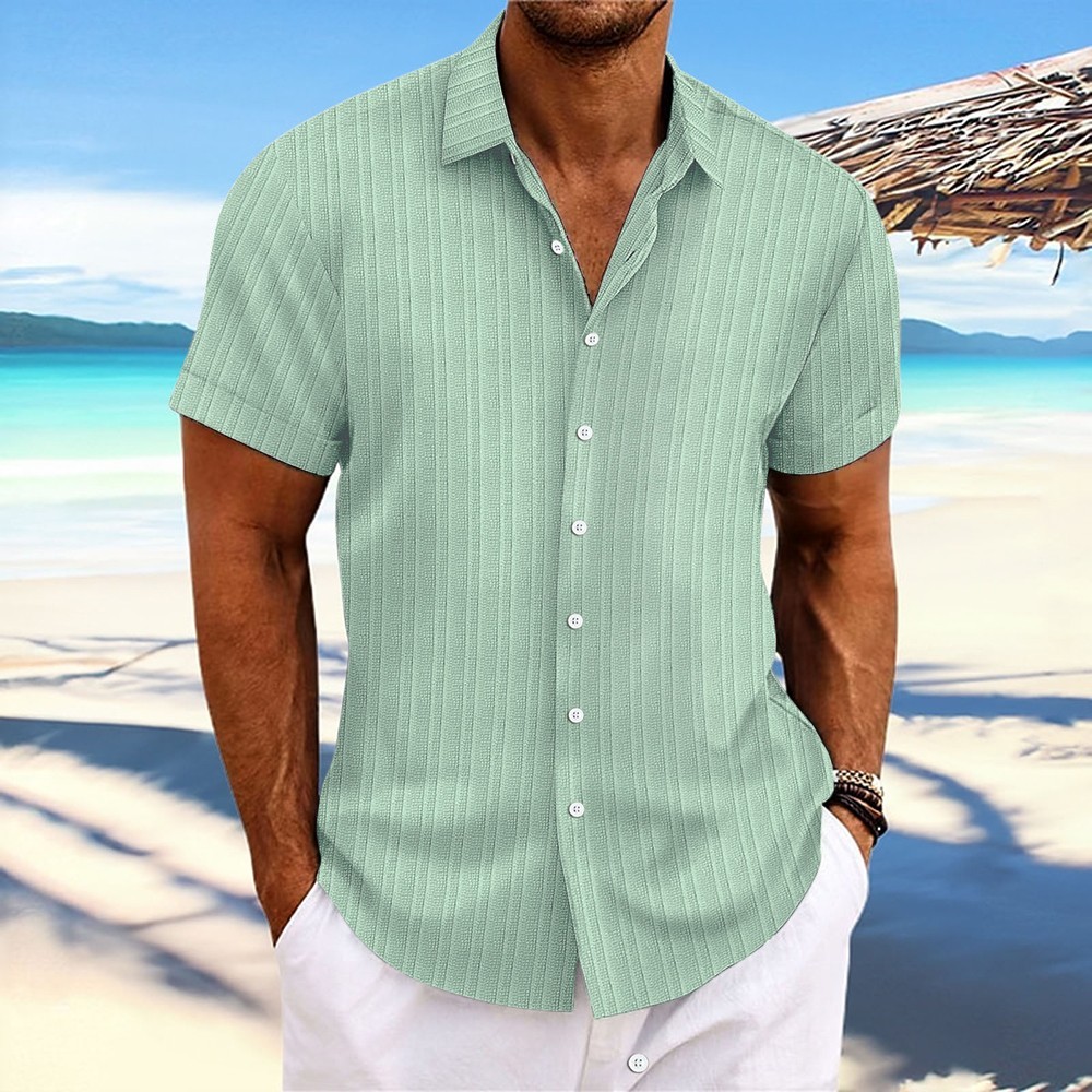 Striped Button Down T Shirts 2025 Men Grandad Summer Short Sleeve Casual Tops