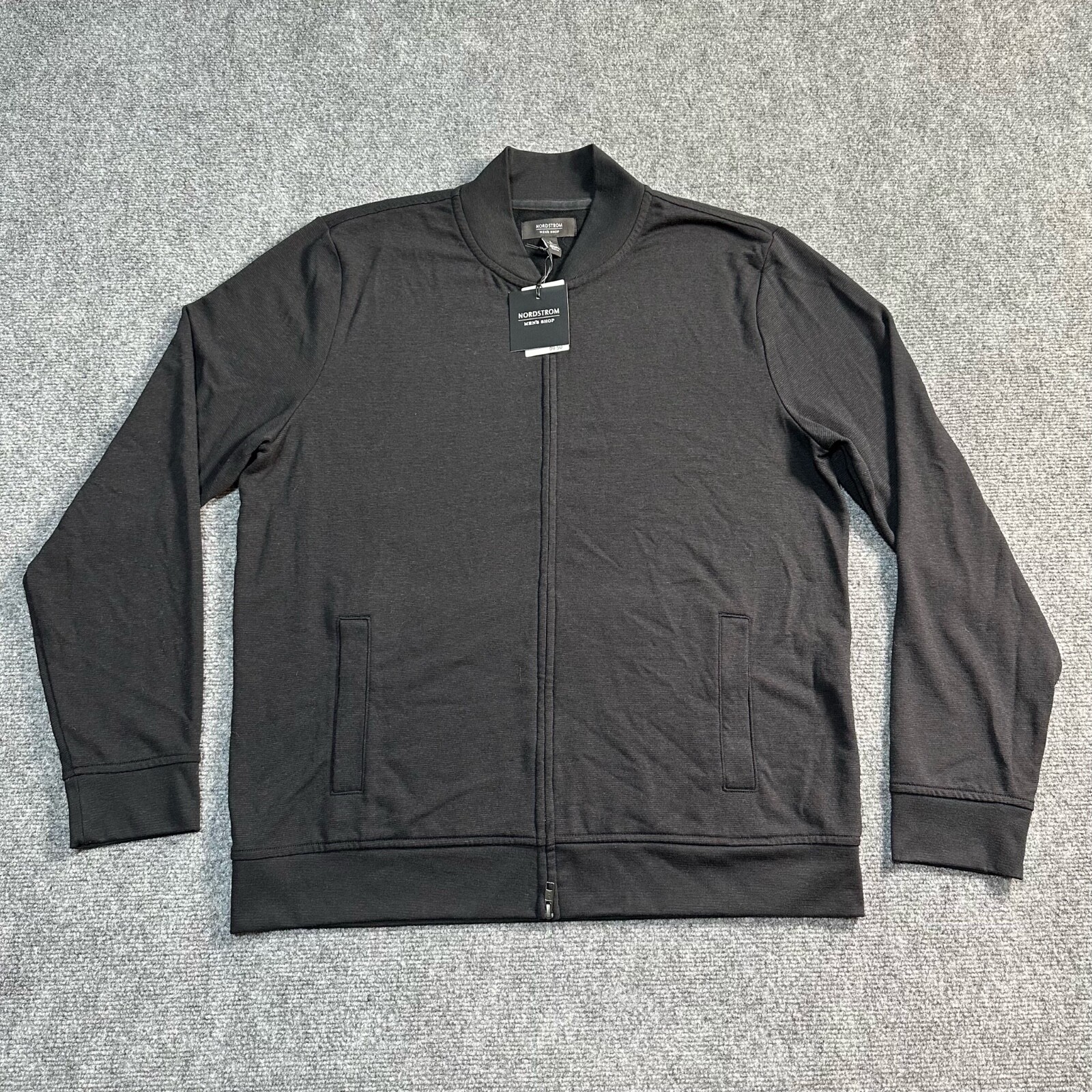 NEW Nordstrom Jacket Mens Large Black Polyester Blend Full Zip Ribbed Hem Cuffs