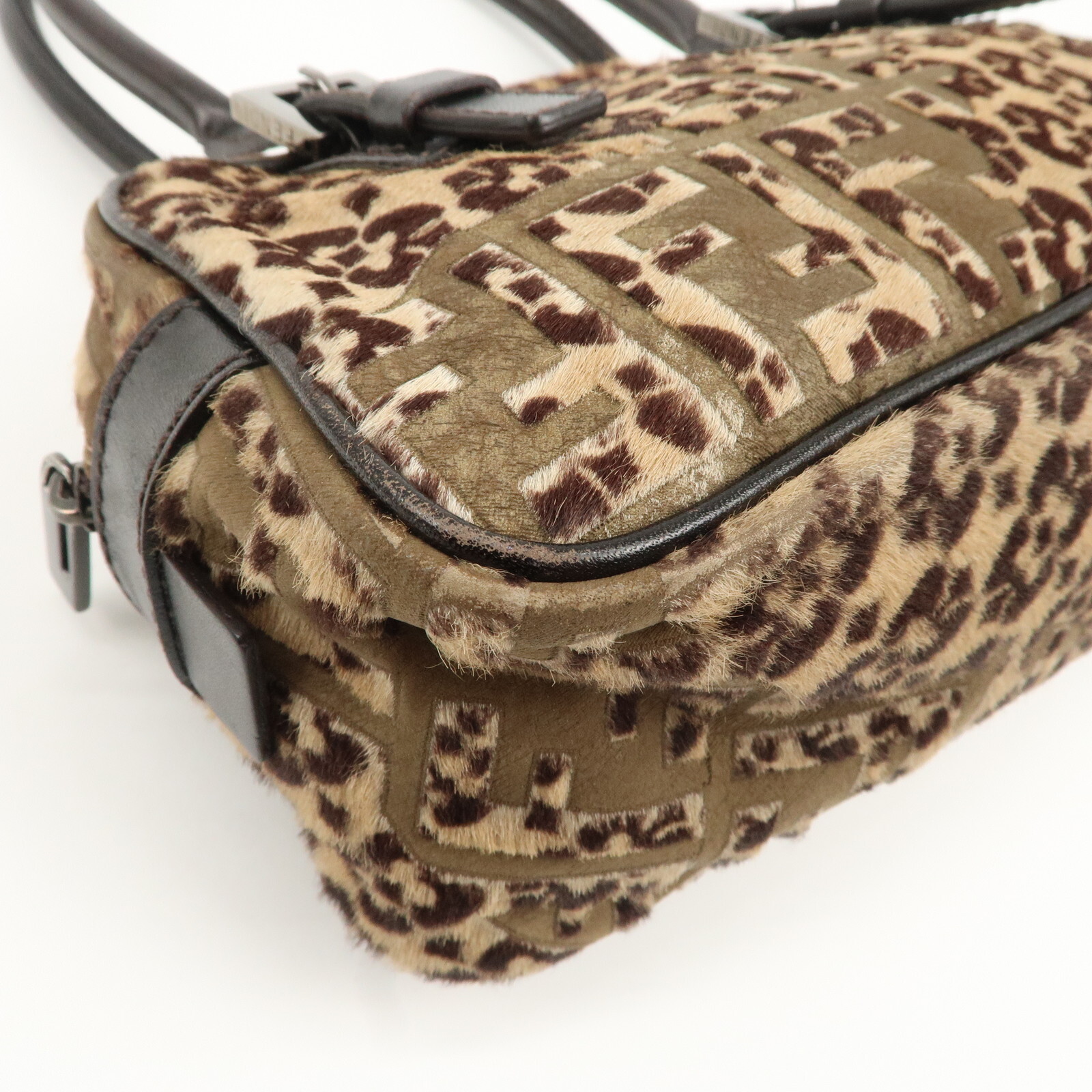 FENDI FF Mini Boston Bag Hand Bag 8BN004 Unborn Calf Leather Auth Used