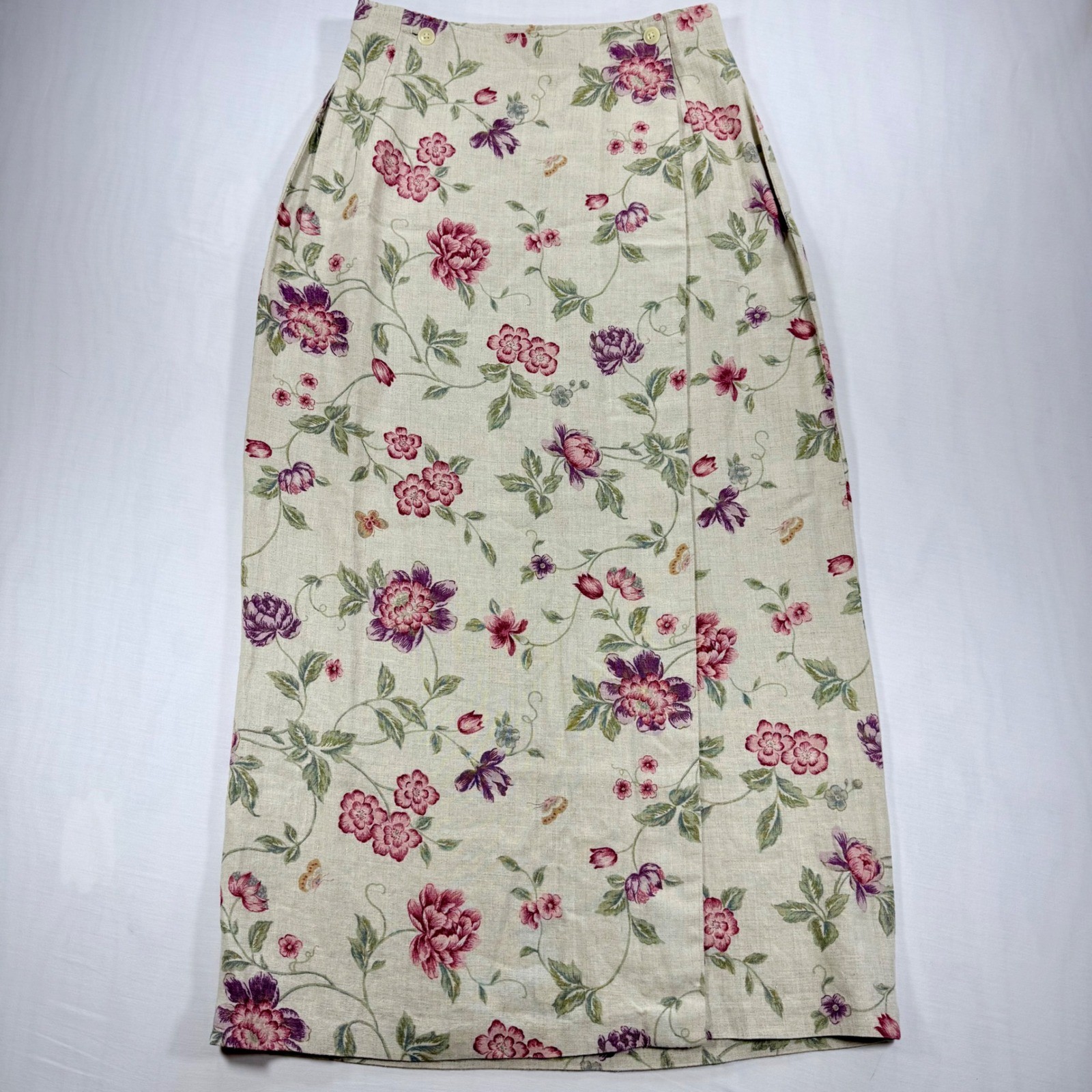 VTG 90s Eddie Bauer Womens Floral 100%Linen Wrap Skirt Beige Pink Purple Maxi 10