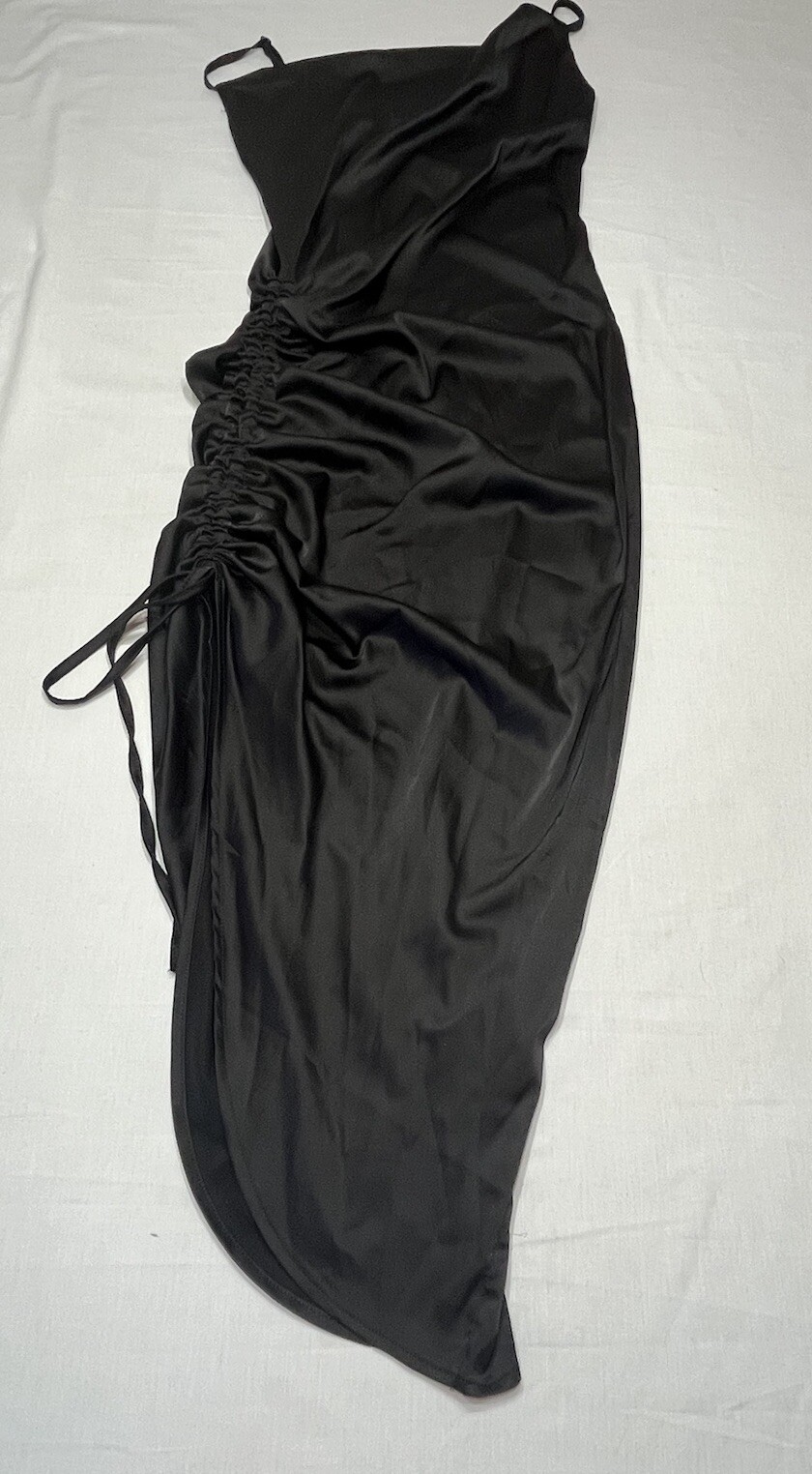 Lyaner Women’s Black Satin Spaghetti Strap Dress Cowl Neck Size Small Ruched Mid