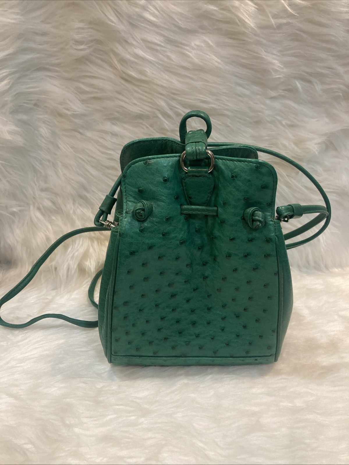 Ostrich Leather Shoulder Bag Green Crossbody Purse Women’s 17cm Vintage