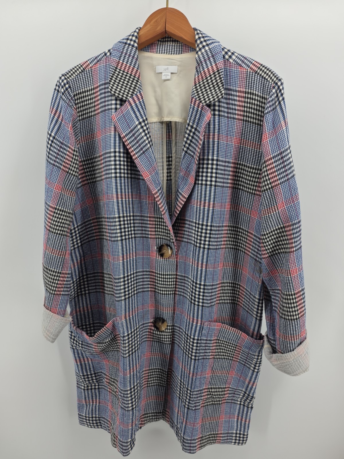 J Jill Barley Relaxed Multi Blue Red Plaid Cotton Spandex Boyfriend Blazer Sz M