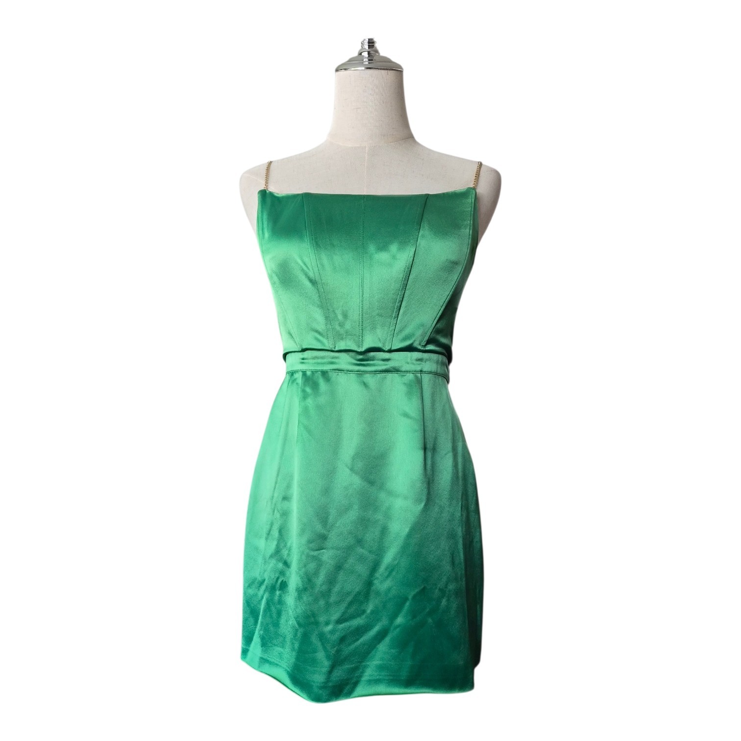 Retrofete Easton Chain Strap Mini Dress Green Satin Size Small NEW Flawed