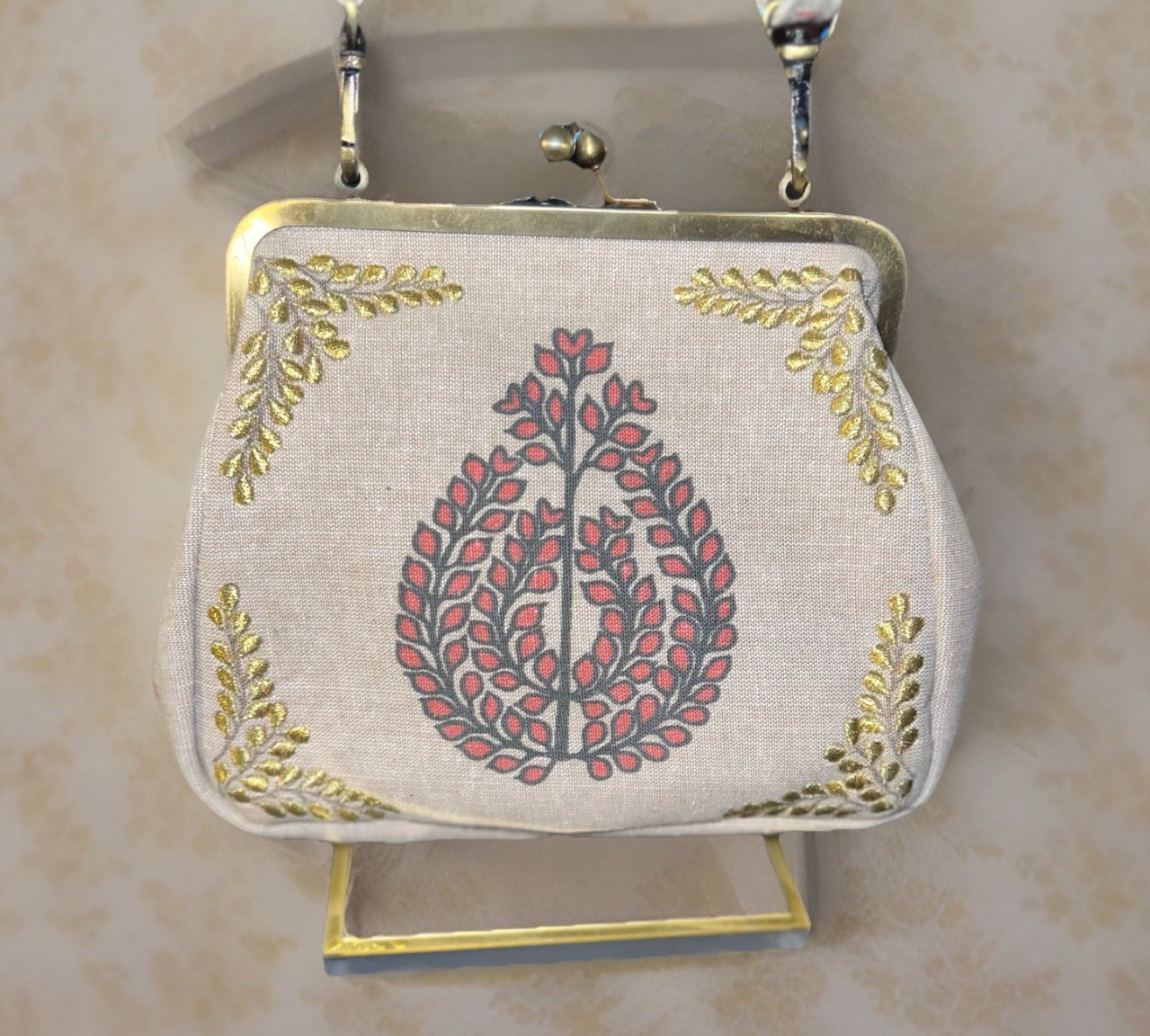 Iyura Tan Gold Embroidered Baroque Leaf Pattern Mini Fabric Frame Bag