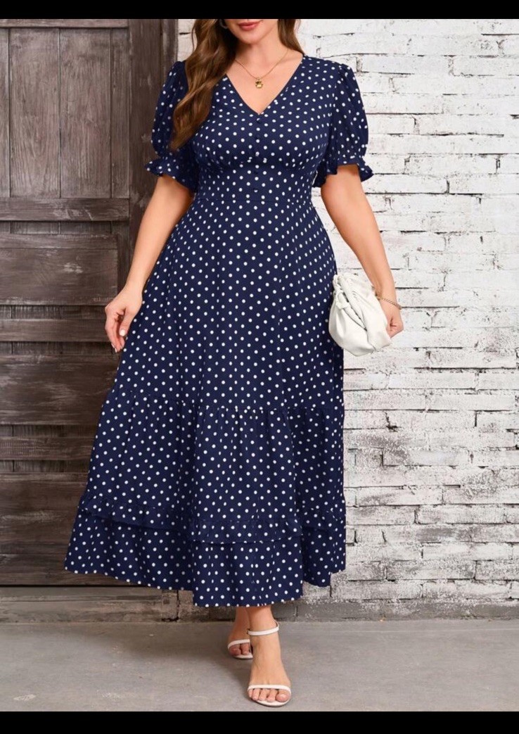 NWT clasi brand Blue White Dot A-Line Dress V-Neck Puff Shortslv Ruffle maxi 3xl