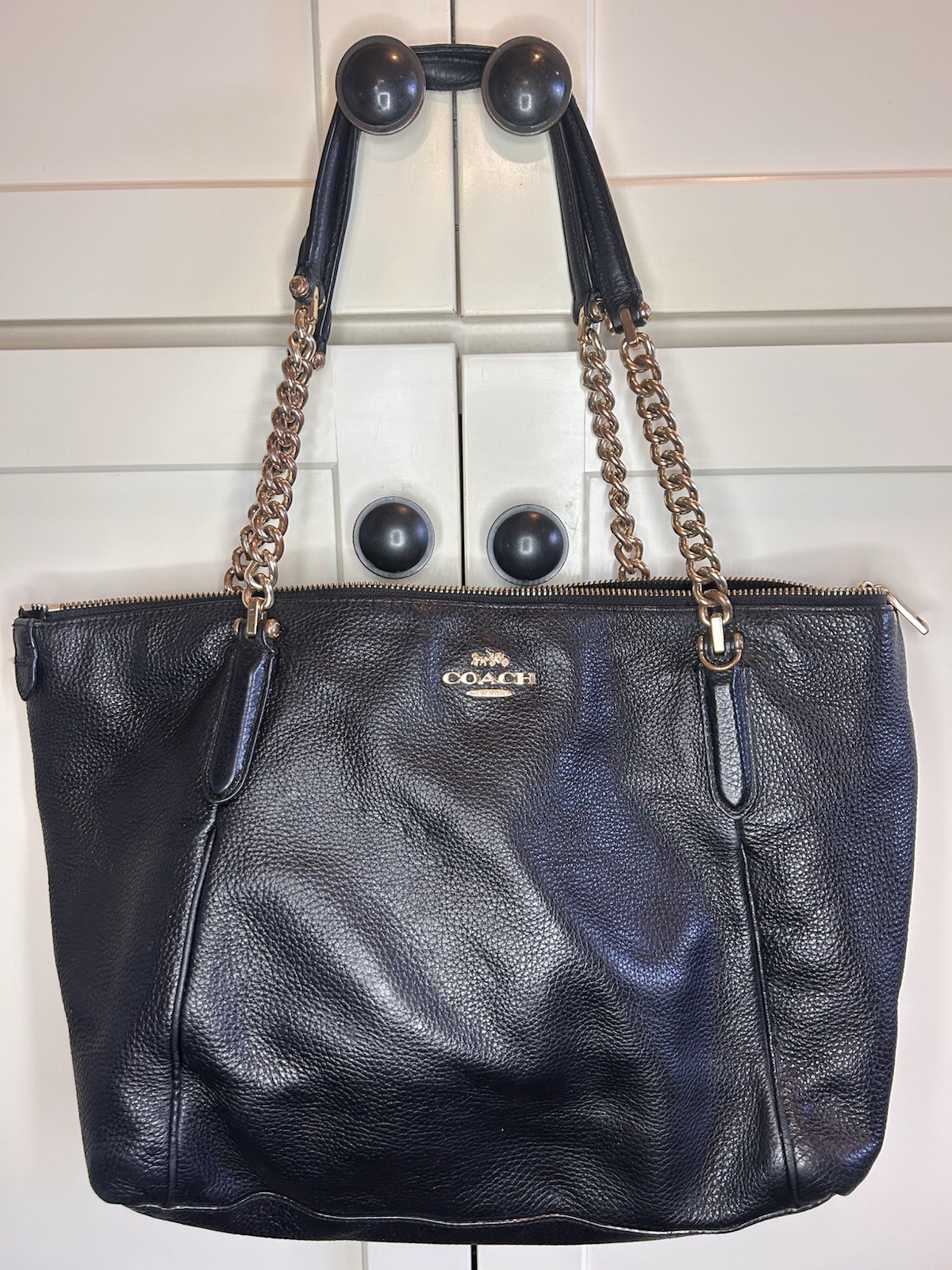 Authentic Coach Ava Black Chain Bag Pebbled Leather Work School Computer Tote