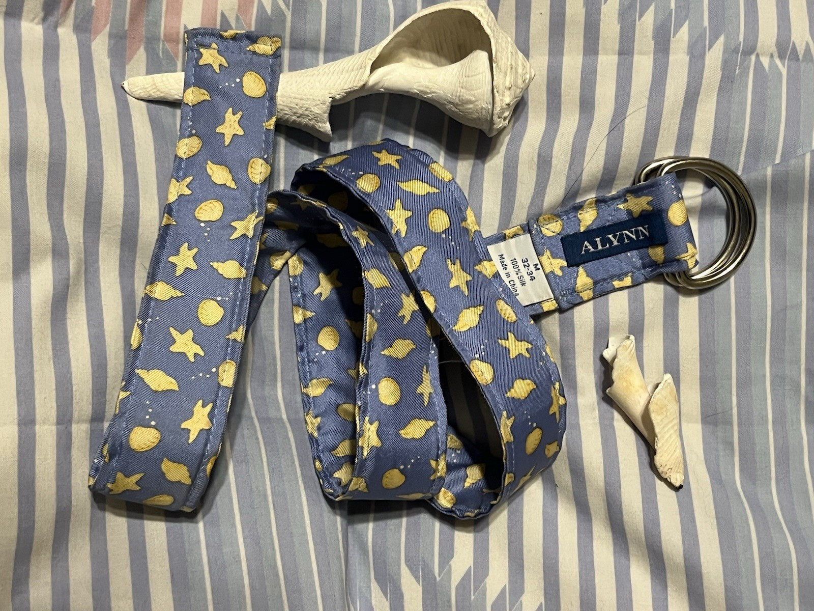ALYNN Silk Belt M 32-34 Blue Yellow Starfish Shell Print