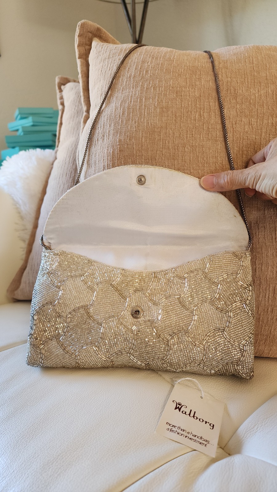 VTG – WALBORG Silver Glass Beaded Evening Purse Scalloped Mosaic w/ Original Box