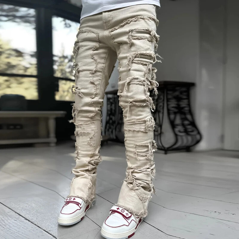 Men Fashion Jeans Street Stretch Patch Skinny Denim Straight Stacked Slim Pants