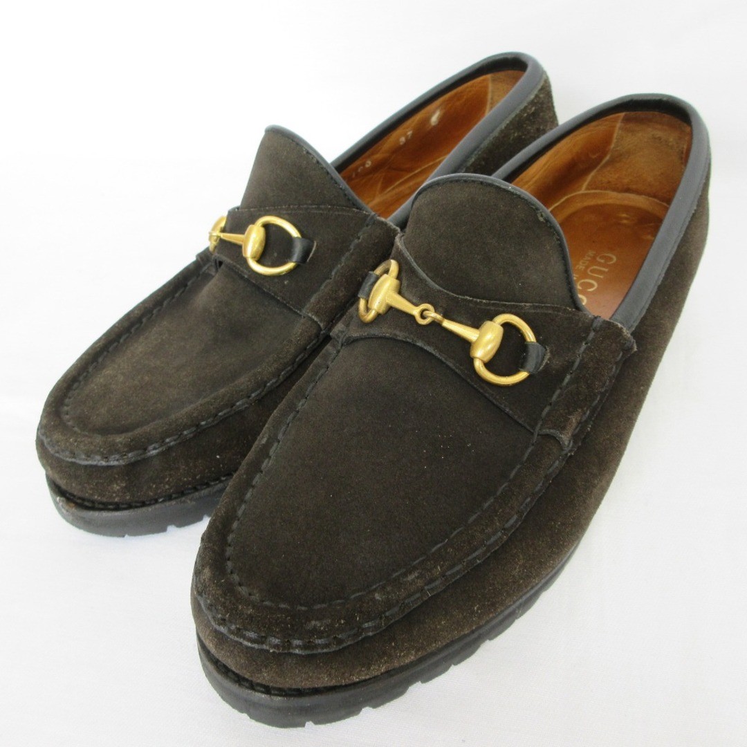 GUCCI Horsebit Loafers Suede Leather Khaki Size 37 JP 24cm Women Shoes