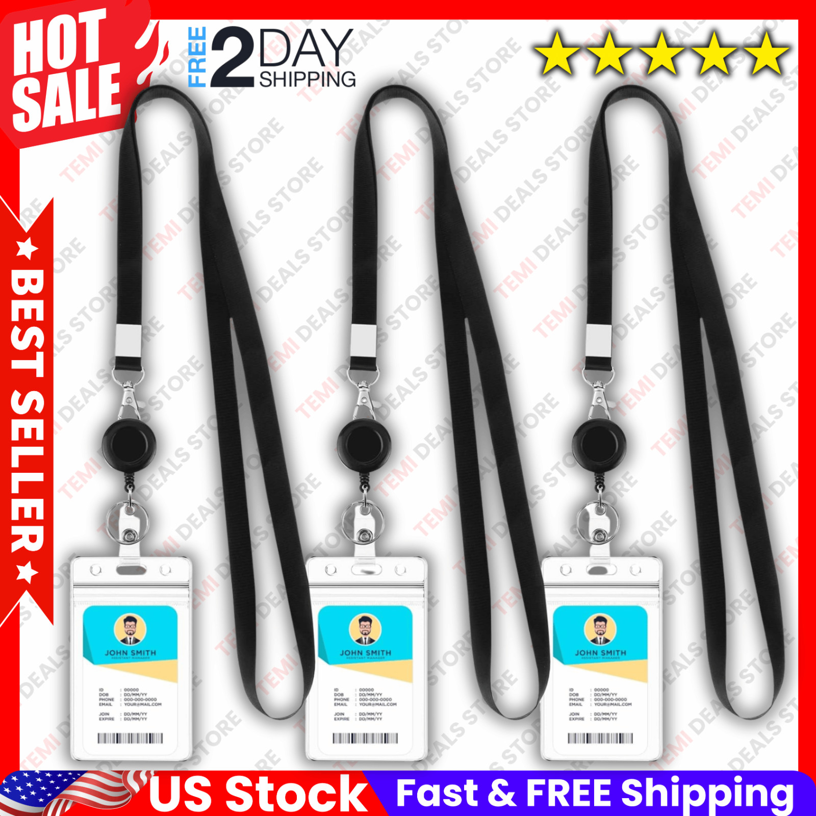 3-pack Retractable Badge Holders with Lanyard – Waterproof Id Badge Reels NEW***