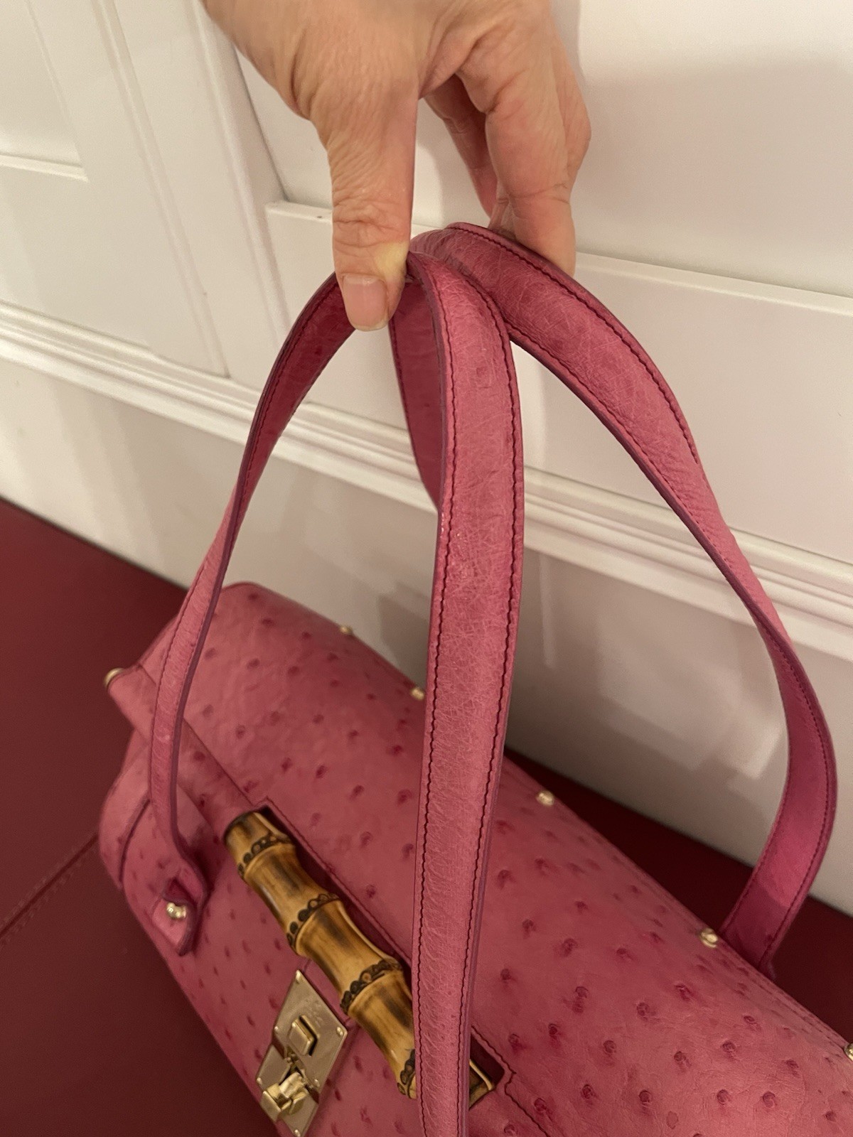 Gucci Ostrich Bullet Bamboo Gold Hardware Turn Lock Closure with Tag