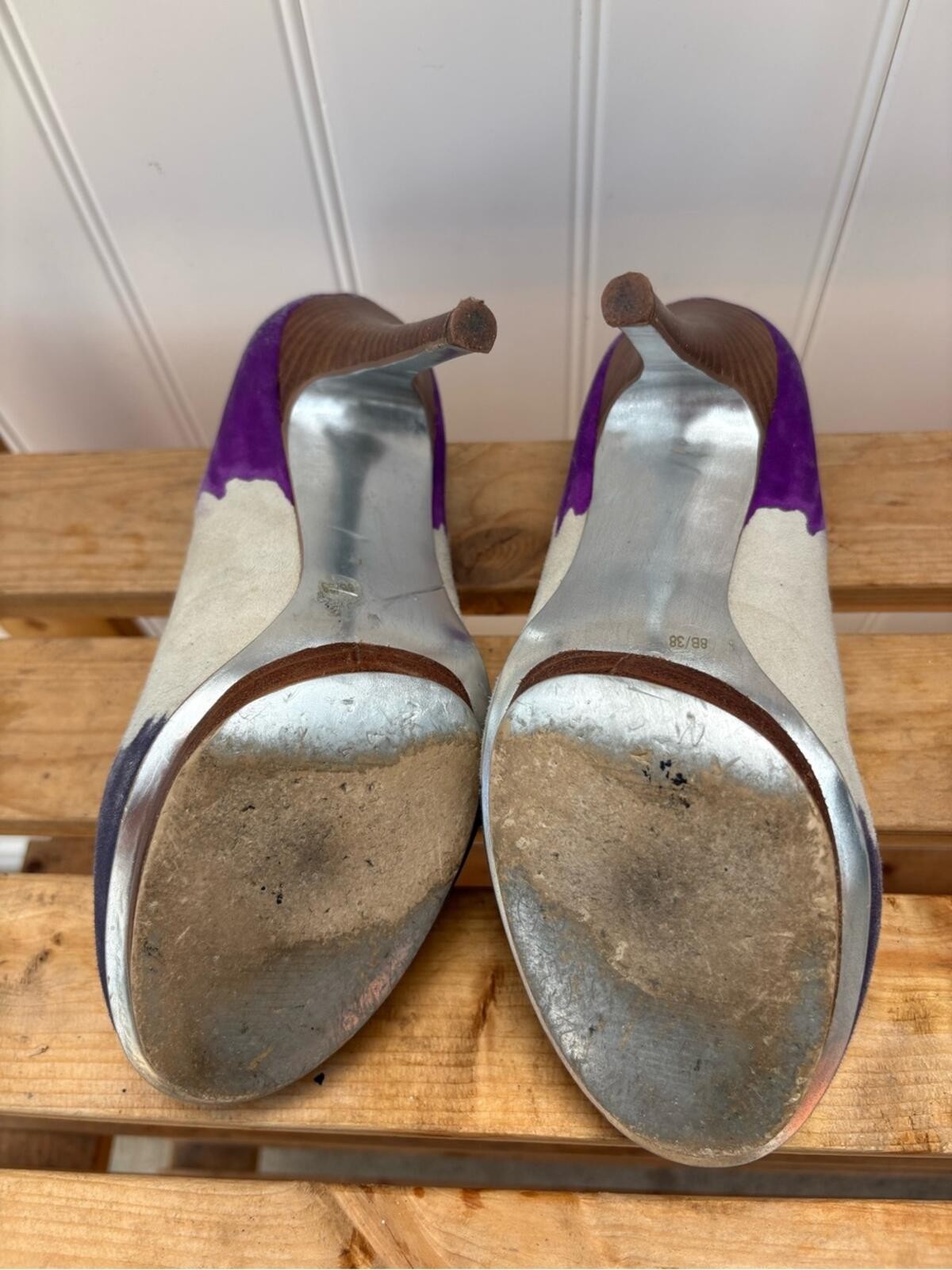 Jessica Simpson Purple, Tan and Dark Purple Suede Colorblock High Heels