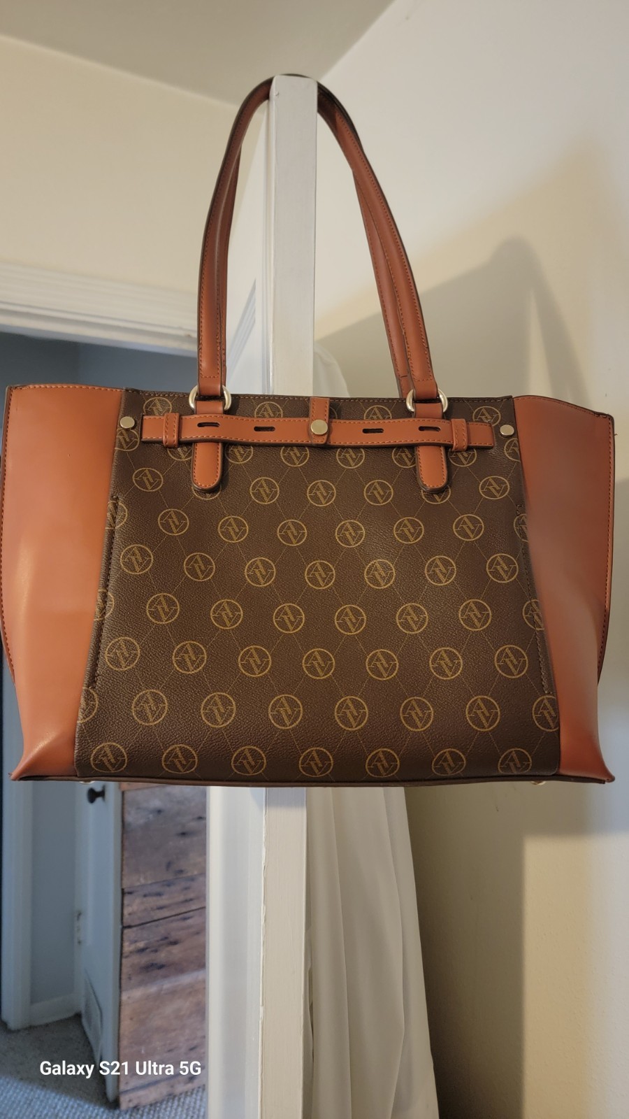 Adrienne Vittadini Monogram Shoulder Handbag Brown Purse Bottom Studs Base Zip