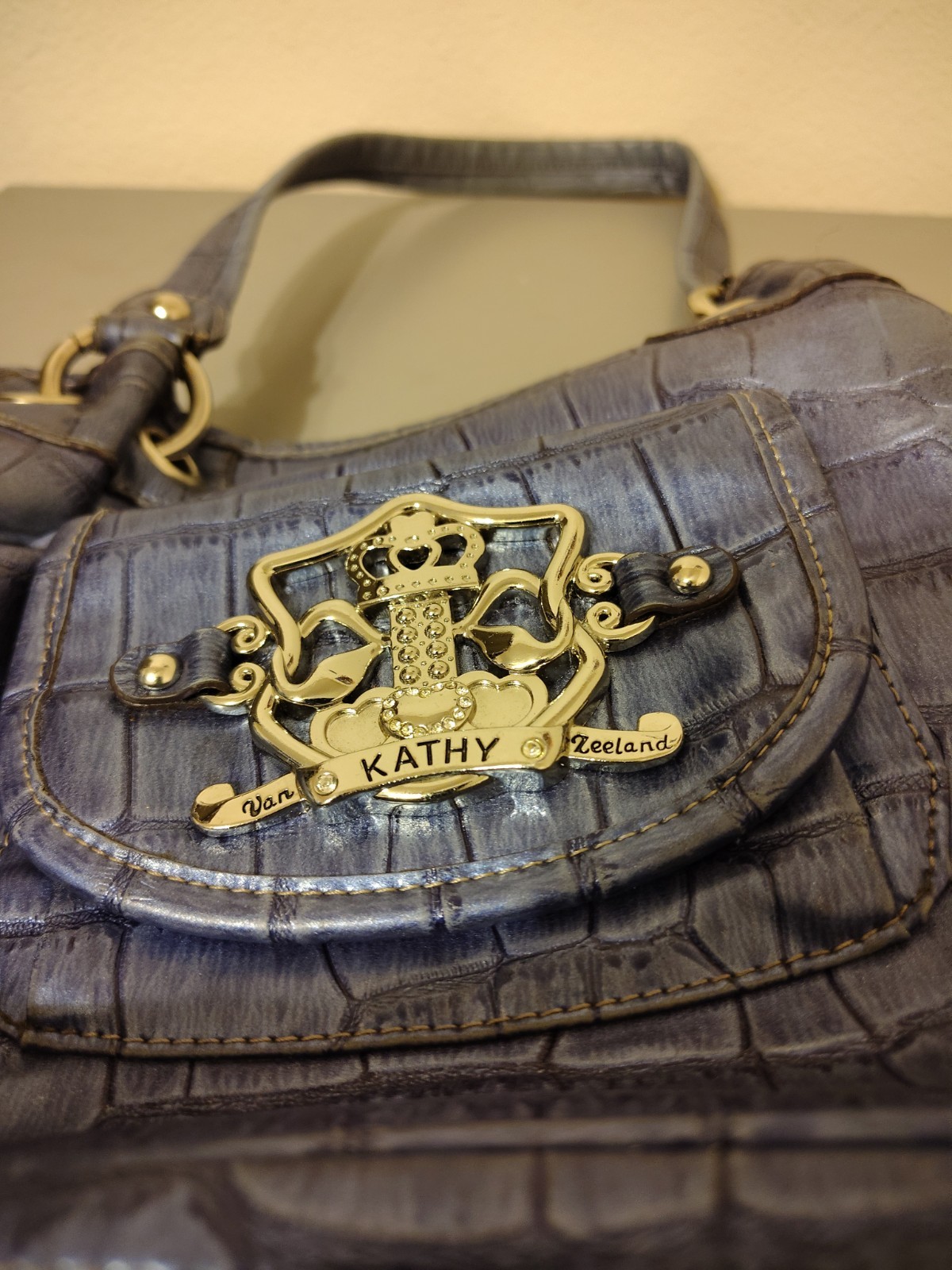 Kathy VanZeeland Metallic Silver Croc-Embossed Handbag with Crest Emblem