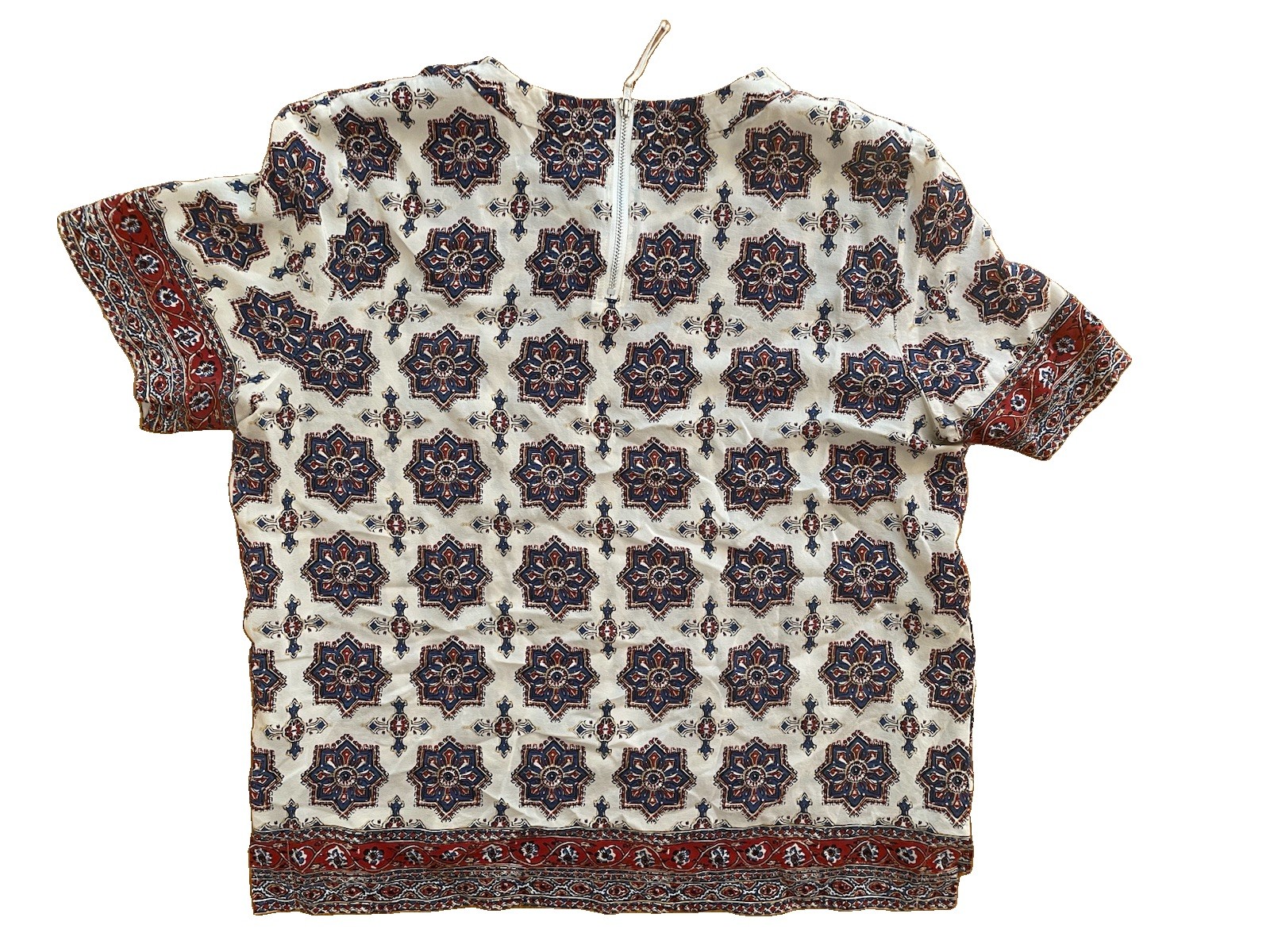 Madewell 100% Silk Geometric Zip Back Short Sleeve Blouse M Cream Blue Red
