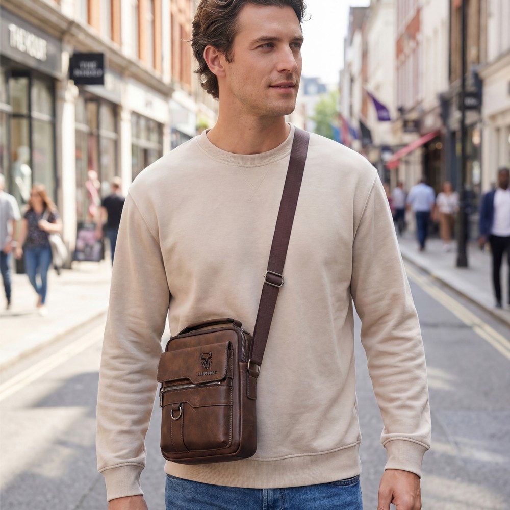 Men’s Shoulder Messenger Bag Business PU Leather 8″ Handbag Outdoor Sport Bag