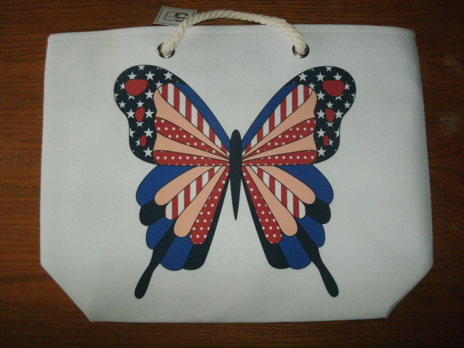 NEW Patriotic Butterfly Tote Beach Bag double rope handles 20.75×15.5×5.75 in.