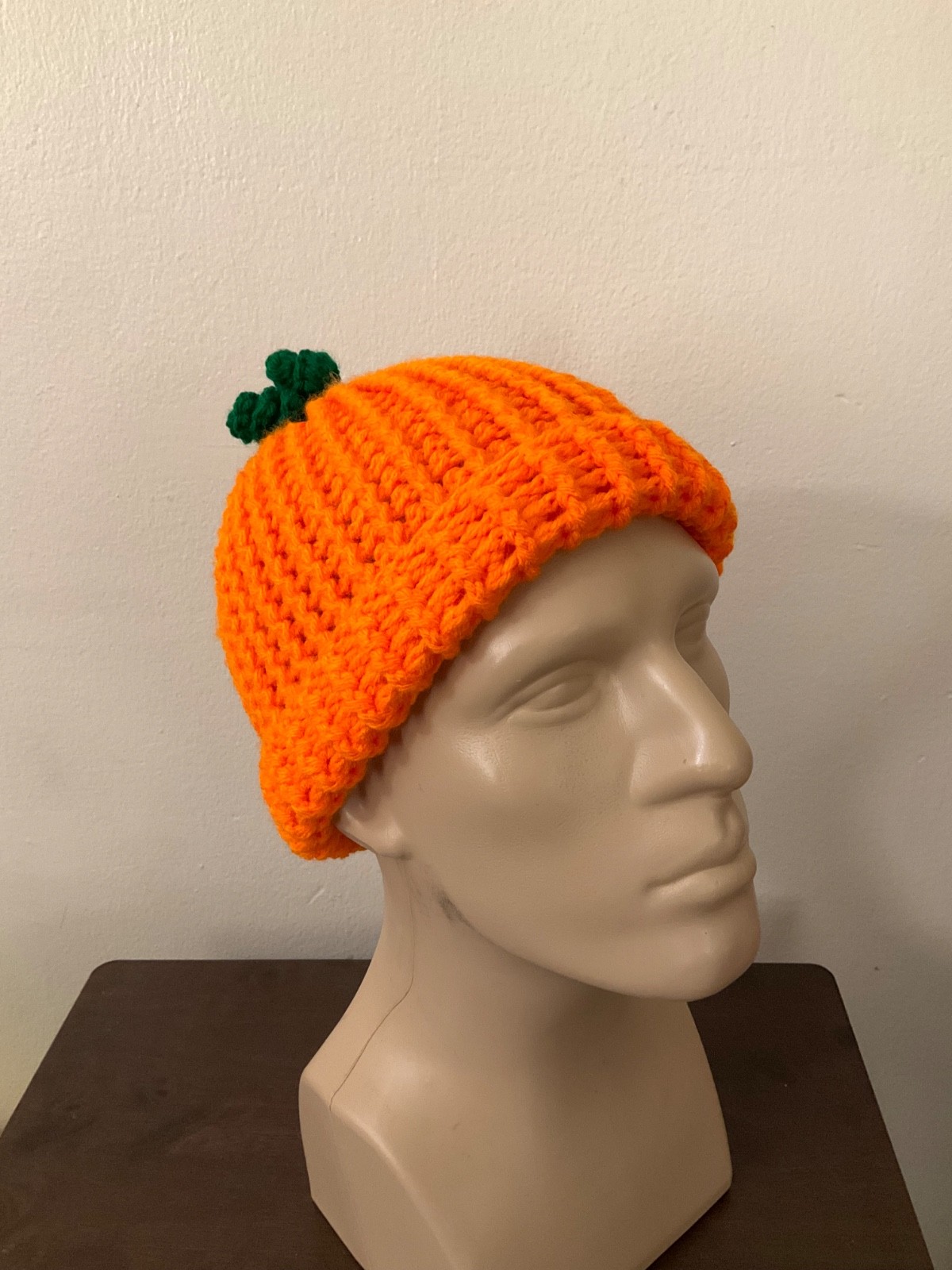 Adult Crochet Pumpkin Beanie Handmade Orange Green Stem Fall Knit Yarn Hat