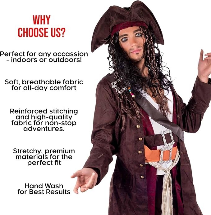 Mens Caribbean Pirate Captain Costume + Hat + Wig Movie TV Fancy Dress M L XL