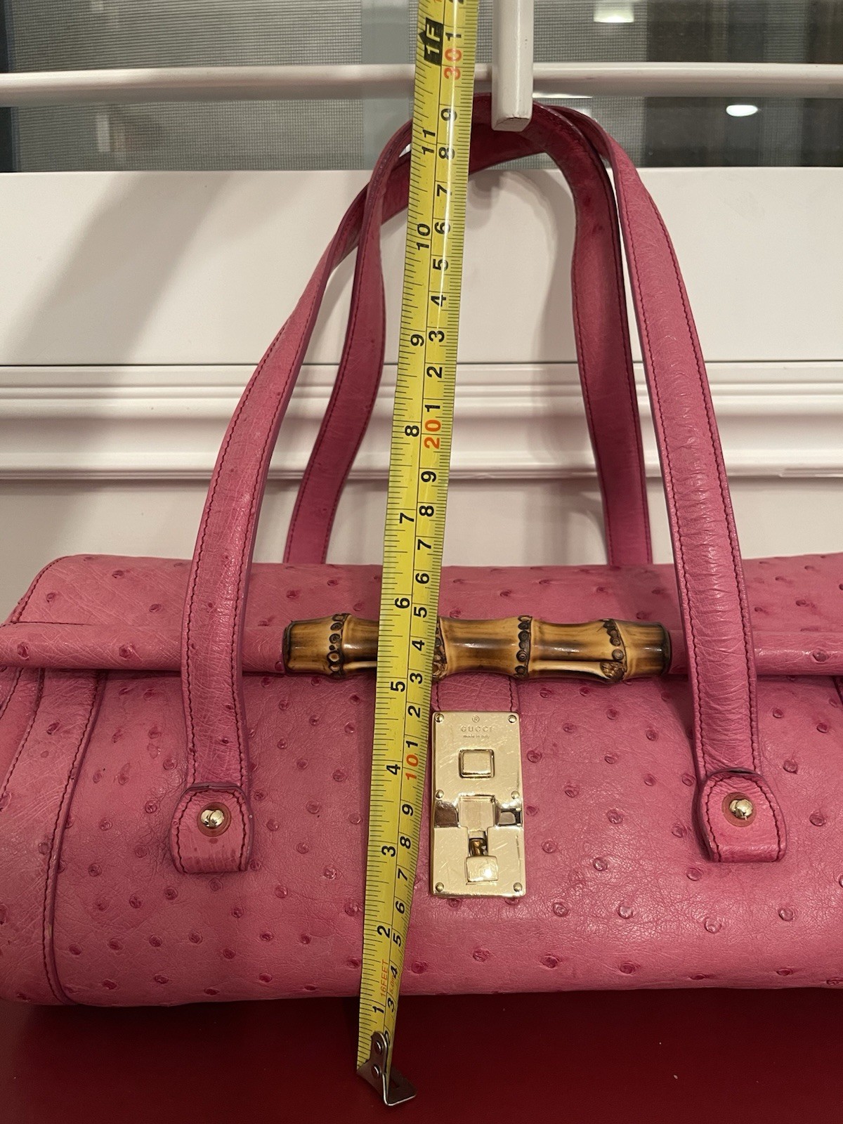 Gucci Ostrich Bullet Bamboo Gold Hardware Turn Lock Closure with Tag
